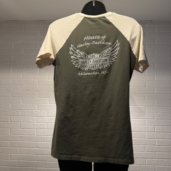 Harley Davidson Olive Green Cream Raglan Graphic T-Shirt Women's - Picture 2 of 3